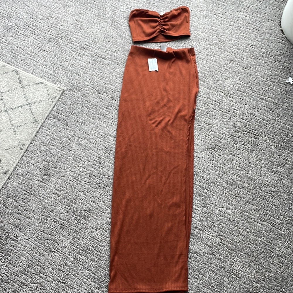 Brown maxi and tube top skirt set.